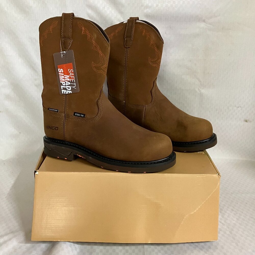 NINGO Men's 11.5 Brown Steel Toe Work Pull-On Design Leather Non Slip Work Boots